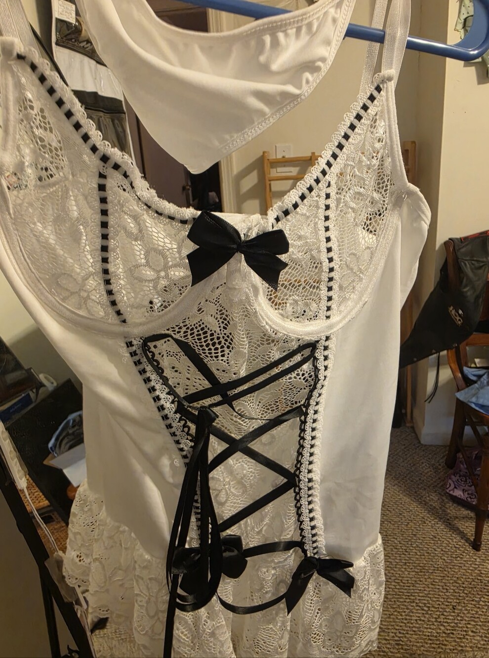 White Lace Corset-Style Slip with Black Ribbon Accents